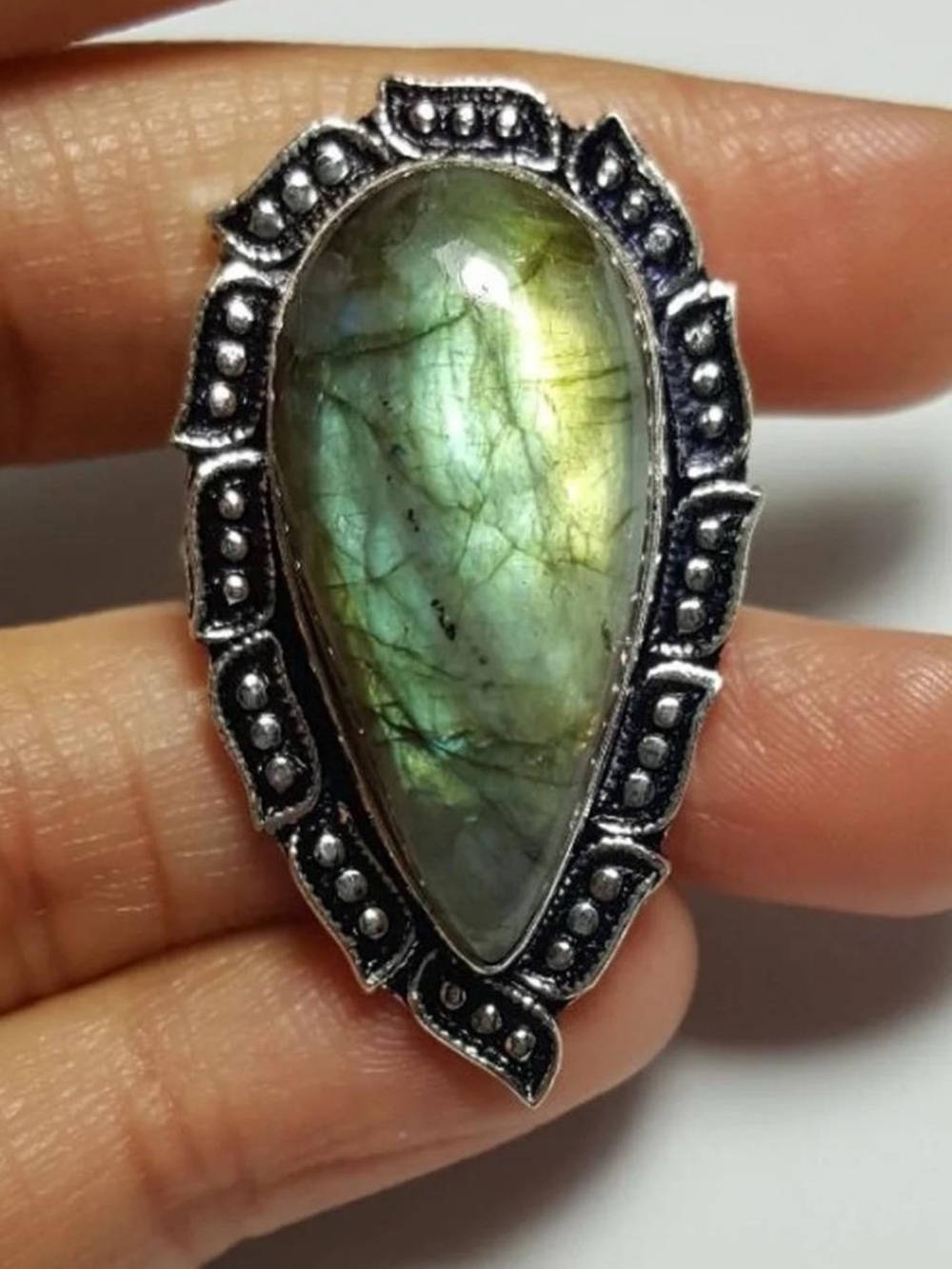 925 Silver Labradorite Teardrop Statement Ring - Green Blue Gemstone